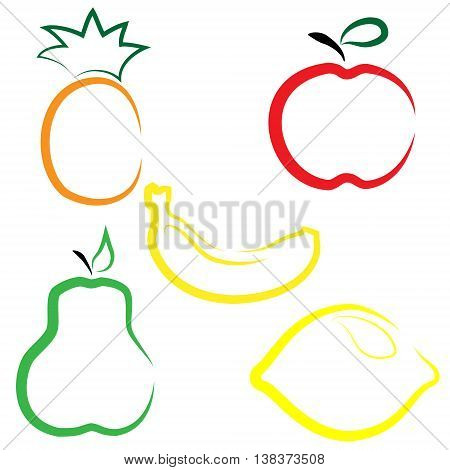Set of different fruits. Flat vector icons in cartoon style on white background. Pineapple, pear, lemon, banana and apple.