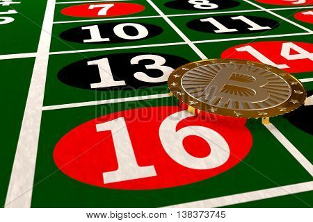 closeup of bitcoin on the roulette table, 3d rendering