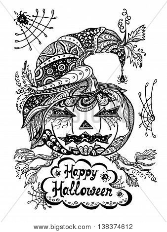 Pumpkin in hat in  Zen tangle or Zen doodle style black on white for coloring page or relax coloring book or for decorate package clothes or flyers banners Post Card on celebrating Halloween