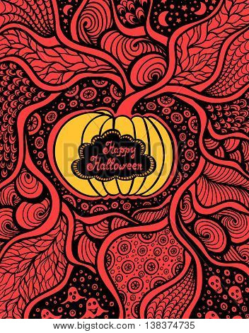 Pumpkin frame Zen tangle Zen doodle pattern red orange on black for decorate package clothes or flyers banners creative Post Card on celebrating Halloween