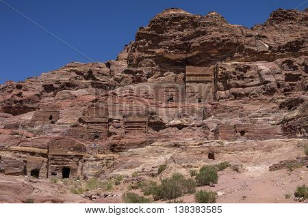 Cave Tombs In Jebel Madbah Mountain. Petra, Jordan