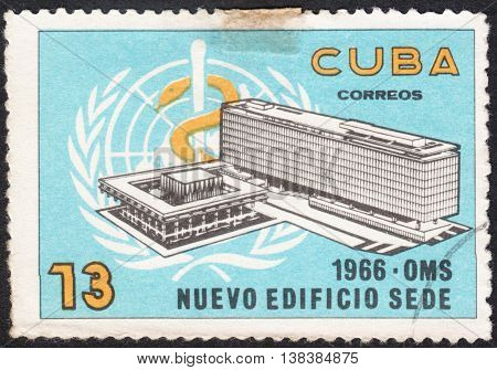 MOSCOW RUSSIA - CIRCA JANUARY 2016: a post stamp printed in CUBA shows the building of the W.H.O. Headquarters the series 