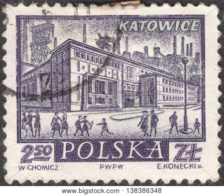 MOSCOW, RUSSIA - CIRCA JANUARY, 2016: a post stamp printed in POLAND shows a view of Katowice town, the series 