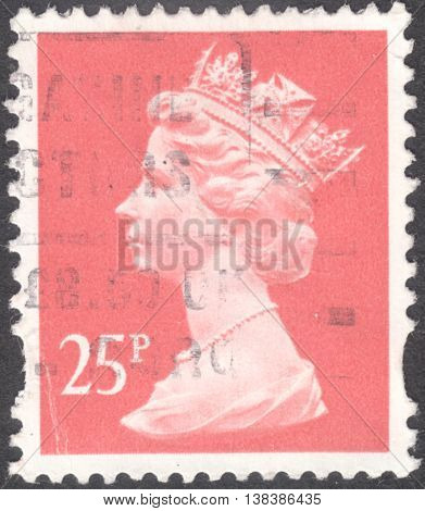 MOSCOW RUSSIA - JANUARY 2016: a post stamp printed in the UNITED KINDOM shows a portrait of Portrait of Queen Elizabeth II circa 1970 - 1977