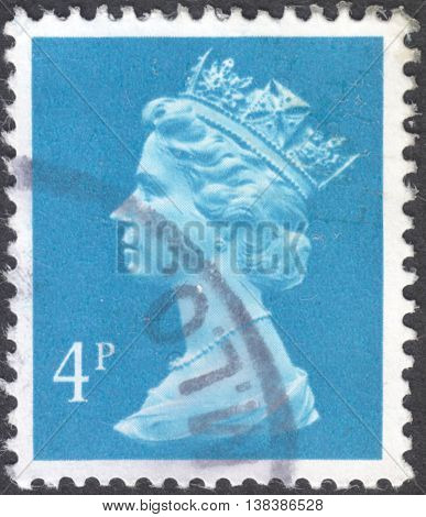 MOSCOW RUSSIA - JANUARY 2016: a post stamp printed in the UNITED KINDOM shows a portrait of Portrait of Queen Elizabeth II circa 1970 - 1977