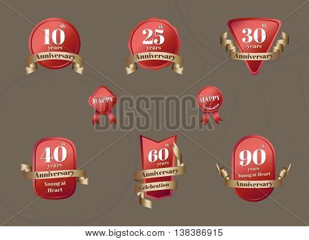 Vector : Set Of Aniversary Celebration Badge In Red And Gold Color,design Element For  Anniversary E