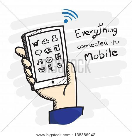 Vector : Doodle style Hand holding smart phone with app icon and Everything connected to mobile word Online marketing concept.