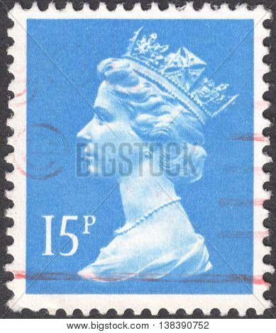 MOSCOW RUSSIA - JANUARY 2016: a post stamp printed in the UNITED KINDOM shows a portrait of Portrait of Queen Elizabeth II circa 1970 - 1977