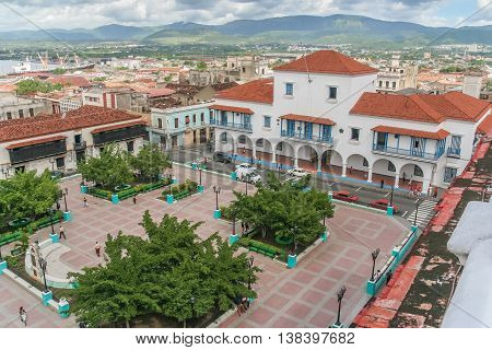 SANTIAGO, CUBA - OCTOBER 2, 2007: View from the roof patio of the Grande Hotel, towards Santiago de Cuba City Hall and Parque Cespedes