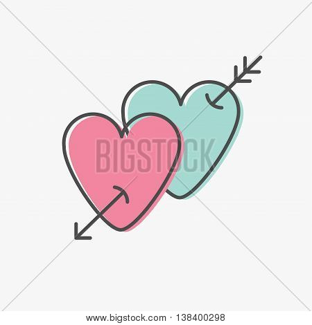 Heart arrow sign symbol. Thin line icon set. Pink and blue color. Isolated. White background. Flat design. Love greeteng card. Vector illustration
