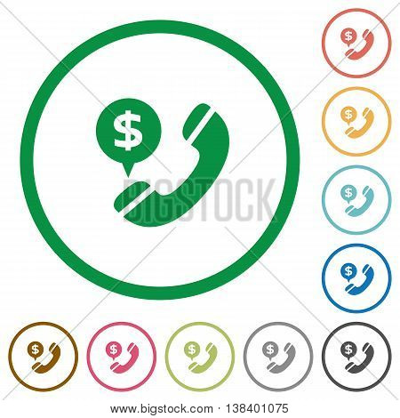 Set of dollar money call color round outlined flat icons on white background