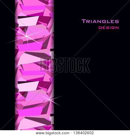 Pink abstract geometric triangles stripe on black background. Vertical rose ruby diamond or purple crystal seamless border for girl party banner design. Vector illustration - stock vector.