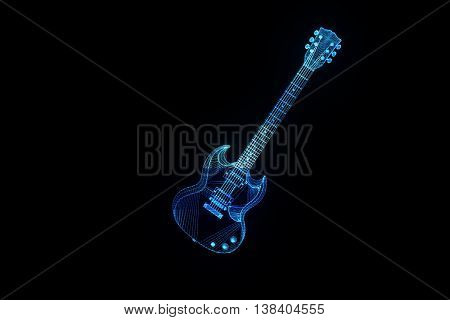 3D Guitar in Hologram Wireframe Style. Nice 3D Rendering