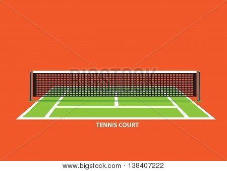 Empty tennis court with divider net in the middle viewed from one end of court. Vector illustration isolated on vibrant orange background.