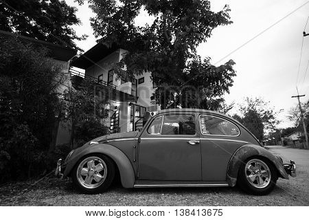 Vintage Car Volkswagen Retro Blue Color In Forest Leaves Brown