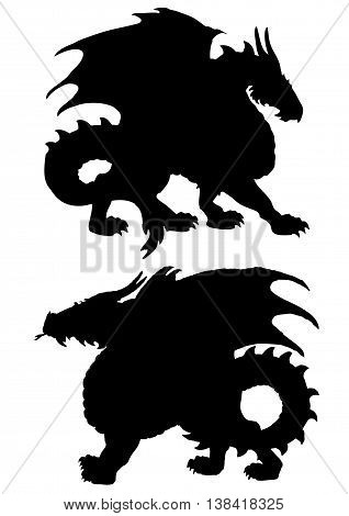 Two big dragon black silhouette on white background. Sketch of tattoo art, Fantasy dragon, medieval monster.