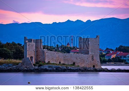 Island of Vir dawn view fortress and Velebit mountain Dalmatia Croatia