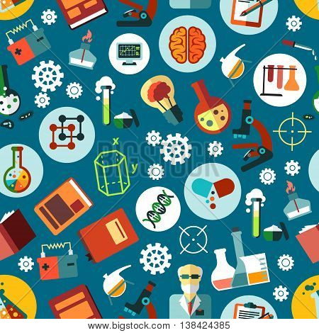 Science and experiment equipment seamless pattern. Research and education gear consists beaker and burner or gas-jet, transformer and book, dropper and monitor, molecule and DNA, cog and brain.