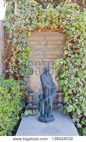 NICE FRANCE - APRIL 11 2016: Tomb of Gaston Leroux and his family on Chateau Cemetery in Nice France. Gaston Leroux (1868-1927) was a French journalist and author of detective fiction