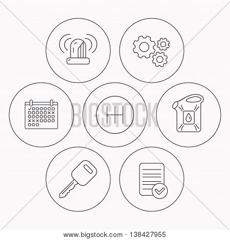 Manual gearbox, jerrycan and car key icons. Siren alarm, fuel jerrycan linear signs. Check file, calendar and cogwheel icons. Vector