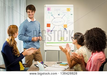 Coworkers applauding a colleague after presentation in the office