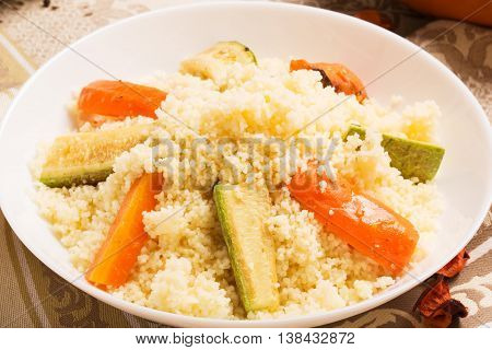 Healthy vegetarian couscous dish with vegetables. Moroccan cuisine