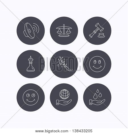 Scales of justice, auction hammer and strategy icons. Save planet and water linear signs. Smile, slapstick icons. Flat icons in circle buttons on white background. Vector