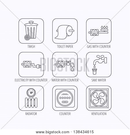 Ventilation, radiator and water counter icons. Toiler paper, gas and electricity counters linear signs. Trash icon. Flat linear icons in squares on white background. Vector