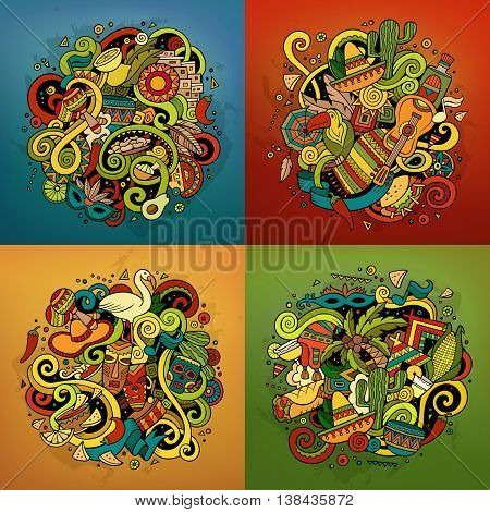 Latin American cartoon vector hand drawn doodle illustration. Colorful detailed designs  with objects and symbols. 4 square composition banner vector set.