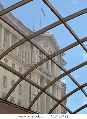 View of Parliament Buildings in Central Sofia taken from the underpass at the archeology museum