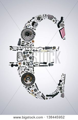 Euro money with auto parts for car. Spare parts for car for shop, aftermarket OEM. Euro icon. Many auto parts isolated in money euro