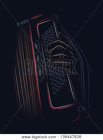 Playing accordion color line art illustration. Musician's hand on keys.