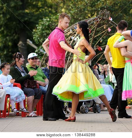 Orel Russia - July 08 2016: Russian Valentine Day - Petr and Fevronia. Man and woman dancing closeup