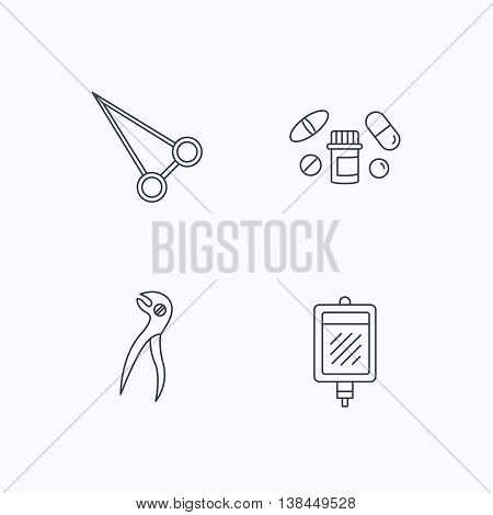 Medical pills, blood and dental pliers icons. Peans forceps linear sign. Flat linear icons on white background. Vector