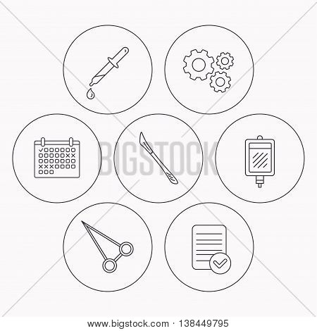 Blood donation, scalpel and pipette icons. Peans forceps linear sign. Check file, calendar and cogwheel icons. Vector