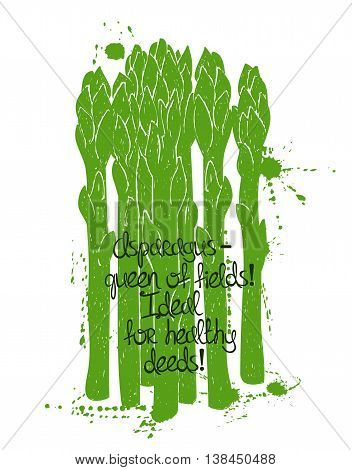 Hand drawn illustration of isolated green asparagus silhouette on a white background. Typography poster with creative poetic quote inside.