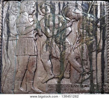 ZAGREB, CROATIA - JANUARY 31: Flagellation of Jesus, altar of the Sacred Heart of Jesus in the church of Saint Blaise in Zagreb, Croatia on January 31, 2015