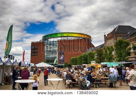 AARHUS DENMARK - JULY 13 2016: Food Market close to Art museum Aros. Officerpladsen close to Ridehuset. July 13 2016