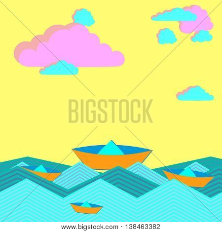 Paper boat on the sea. Vector image