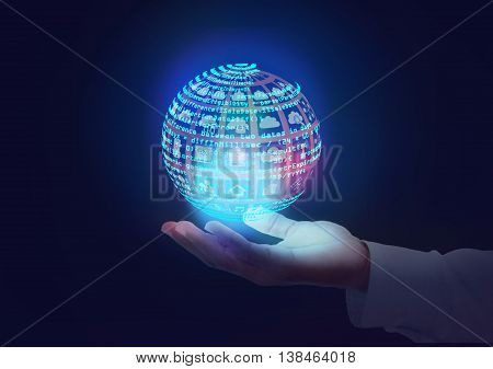 Software engineer holding technology icons and Code in Globe shape. this also represents a business man owning Information technology services in hands an analyst architect reviewing design debug