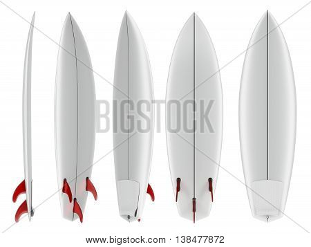 3d Illustration of blank short surfboard with red fins isolated on white background