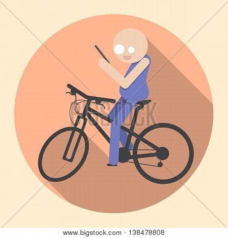 Man with Smartphone riding bicycle. Flat icon. Stock vector illustration.