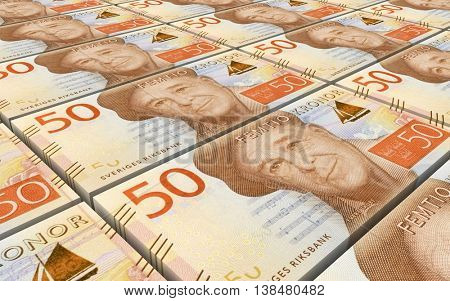 Swedish kronor bills stacks background. 3D illustration.