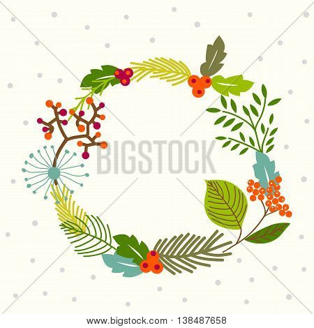 Hand drawn colorful flower wreath. Holiday card