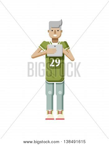 Stock vector illustration isolated of European blonde man in sports shirt and sweatpants, man with laptop in hand, man looking into screen of eBook in flat style on white background