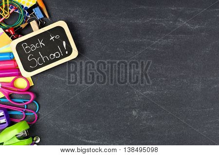 Back To School Chalkboard Tag With School Supplies Side Border On Blackboard Background