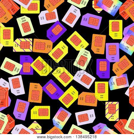 SIM Cards Seamless Pattern on Black Background.