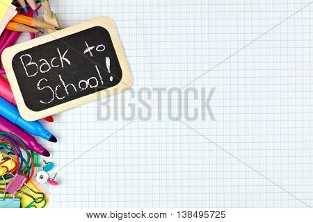 Back To School Chalkboard Tag With School Supplies Side Border On Graphing Paper Background