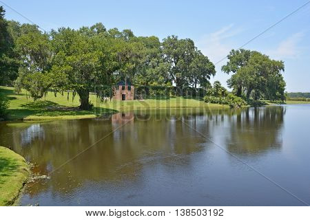 CHARLESTON SC USA 06 23 2016: Springhouse and chapel at Middleton Place is a plantation in Dorchester County, directly across the Ashley River from North Charleston in the U.S. state of South Carolina.