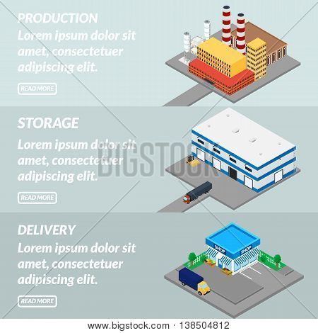 Vector illustration. Web banner production in a factory warehouse storage and delivery to the store. Isometric 3D